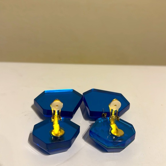 Vintage Dalessio Design Chicago Blue Plastic Crystal Dangle Earrings Clip on 80s - Picture 7 of 9